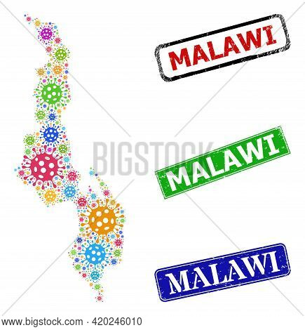 Vector Bacilla Mosaic Malawi Map, And Grunge Malawi Seal Stamps. Vector Colored Malawi Map Mosaic, A