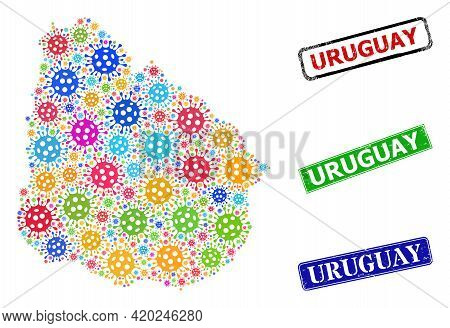 Vector Coronavirus Mosaic Uruguay Map, And Grunge Uruguay Badges. Vector Multi-colored Uruguay Map M