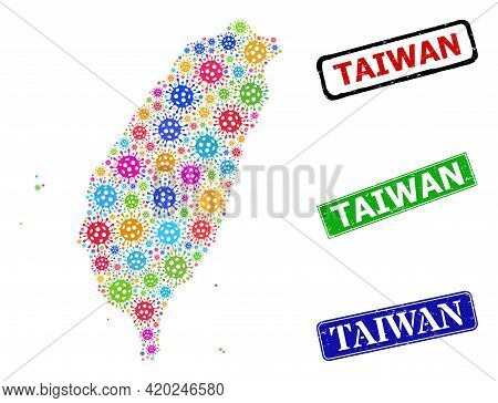 Vector Infection Mosaic Taiwan Map, And Grunge Taiwan Seal Stamps. Vector Colorful Taiwan Map Mosaic