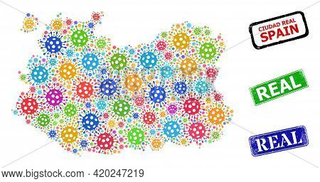 Vector Viral Mosaic Ciudad Real Province Map, And Grunge Real Stamps. Vector Vibrant Ciudad Real Pro