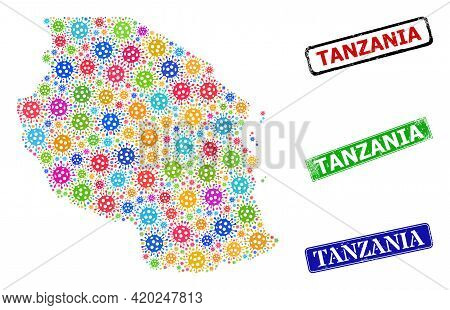 Vector Bacilla Mosaic Tanzania Map, And Grunge Tanzania Badges. Vector Multi-colored Tanzania Map Co