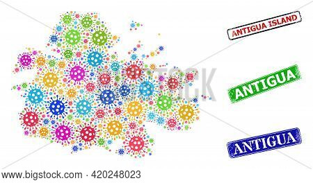 Vector Covid Mosaic Antigua Island Map, And Grunge Antigua Seal Stamps. Vector Multi-colored Antigua