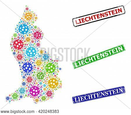 Vector Coronavirus Collage Liechtenstein Map, And Grunge Liechtenstein Seals. Vector Vibrant Liechte