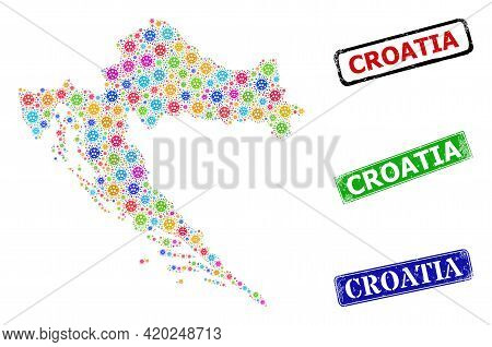 Vector Covid-2019 Collage Croatia Map, And Grunge Croatia Seals. Vector Colored Croatia Map Mosaic, 