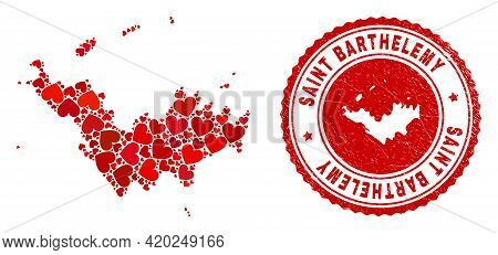 Mosaic Saint Barthelemy Map Formed From Red Love Hearts, And Rubber Stamp. Vector Lovely Round Red R