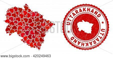 Mosaic Uttarakhand State Map Created With Red Love Hearts, And Rubber Seal Stamp. Vector Lovely Roun
