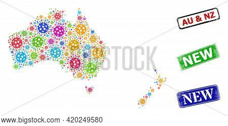 Vector Virulent Mosaic Australia And New Zealand Map, And Grunge New Seal Stamps. Vector Colored Aus