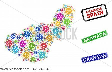 Vector Virus Mosaic Granada Province Map, And Grunge Granada Badges. Vector Colorful Granada Provinc
