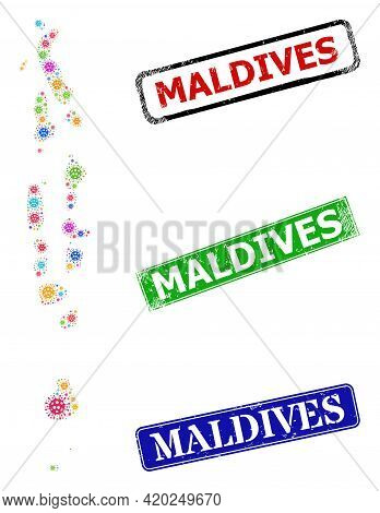 Vector Bacilla Collage Maldives Map, And Grunge Maldives Stamps. Vector Multi-colored Maldives Map C