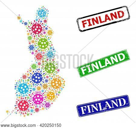 Vector Bacilla Mosaic Finland Map, And Grunge Finland Seal Stamps. Vector Multi-colored Finland Map 