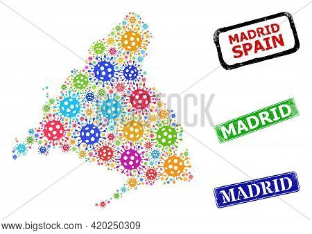 Vector Infection Mosaic Madrid Province Map, And Grunge Madrid Seal Stamps. Vector Multi-colored Mad