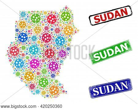 Vector Viral Mosaic Sudan Map, And Grunge Sudan Seals. Vector Multi-colored Sudan Map Mosaic, And Su