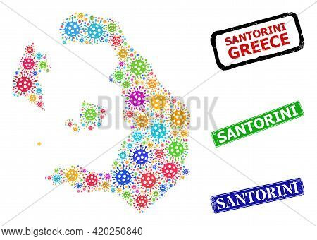 Vector Covid Collage Santorini Island Map, And Grunge Santorini Seals. Vector Colored Santorini Isla