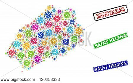 Vector Covid Collage Saint Helena Island Map, And Grunge Saint Helena Badges. Vector Multi-colored S