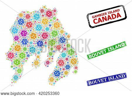 Vector Viral Collage Gambier Island Map, And Grunge Bouvet Island Seal Stamps. Vector Vibrant Gambie
