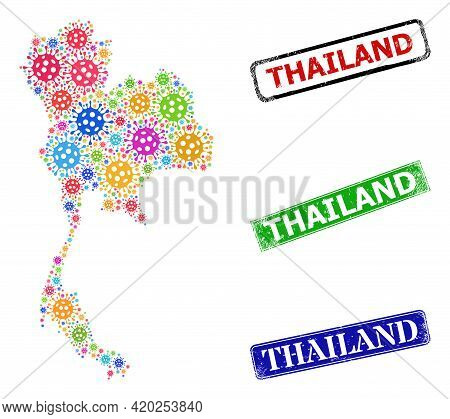 Vector Viral Collage Thailand Map, And Grunge Thailand Stamps. Vector Colored Thailand Map Mosaic, A