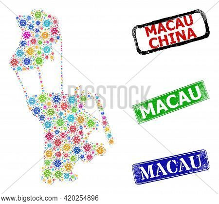 Vector Infection Collage Macau Map, And Grunge Macau Stamps. Vector Multi-colored Macau Map Collage,