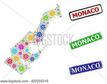 Vector Viral Collage Monaco Map, And Grunge Monaco Stamps. Vector Multi-colored Monaco Map Mosaic, A