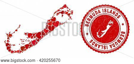 Collage Bermuda Islands Map Formed With Red Love Hearts, And Grunge Seal Stamp. Vector Lovely Round 