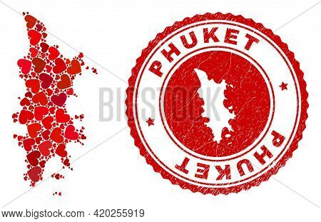 Mosaic Phuket Map Composed With Red Love Hearts, And Rubber Stamp. Vector Lovely Round Red Rubber Ba