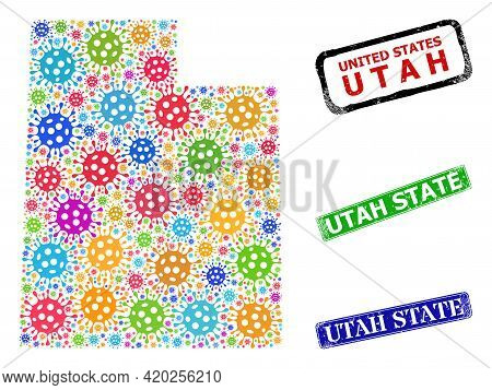 Vector Virulent Mosaic Utah State Map, And Grunge Utah State Stamps. Vector Colorful Utah State Map 