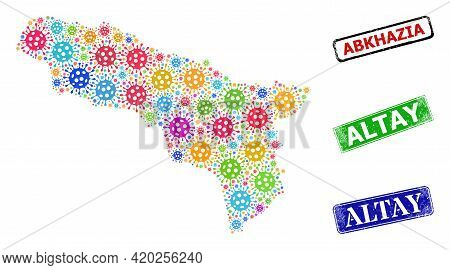 Vector Covid Collage Abkhazia Map, And Grunge Altay Seal Stamps. Vector Colored Abkhazia Map Mosaic,
