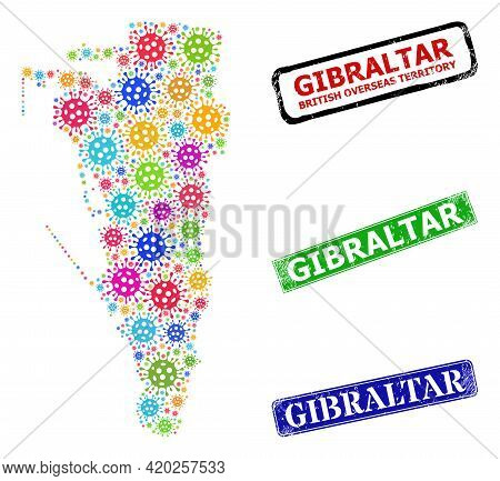 Vector Bacterium Mosaic Gibraltar Map, And Grunge Gibraltar Badges. Vector Multi-colored Gibraltar M