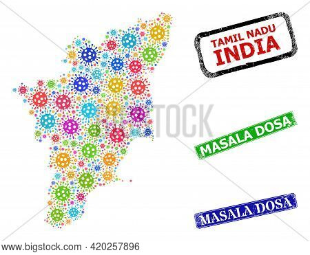 Vector Covid-2019 Collage Tamil Nadu State Map, And Grunge Masala Dosa Stamps. Vector Vibrant Tamil 