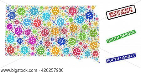 Vector Viral Mosaic South Dakota State Map, And Grunge South Dakota Seals. Vector Vibrant South Dako