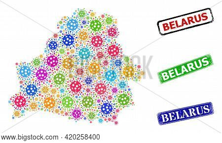Vector Virulent Mosaic Belarus Map, And Grunge Belarus Seal Stamps. Vector Multi-colored Belarus Map