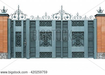 Wrought Iron Gates With Doors. Isolated On White Background.
