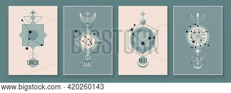 Abstract Art With Zodiac Celestial Sign And Constellation. Cancer As Crab, Taurus As Bull, Aries As 