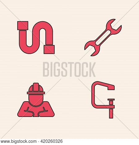 Set Clamp And Screw Tool, Industry Pipe, Wrench Spanner And Builder Icon. Vector