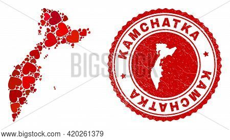 Mosaic Kamchatka Map Formed With Red Love Hearts, And Rubber Seal. Vector Lovely Round Red Rubber Se