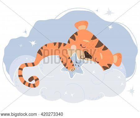 A Cute Tiger Cub Sleeps On A Starry Gentle Blue Cloud. 2022 - Year Of The Tiger In Chinese Or Orient