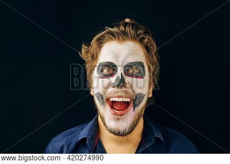 Masked Man Of The Day Of Death On Halloween, Laughing, Disheveled Hair
