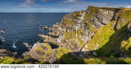 Panorama With Majestic And Beautiful Kerry Cliffs And Atlantic Ocean At Sunny Summer Day, Portmagee,