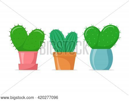 Heart-shaped Cactuses Set In A Flat Style. Cute Home Cacti In Colorful Pots. House Succulents. Vecto
