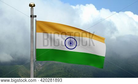 Tiranga Indian Flag Waving In The Wind. Close Up Of India Banner Blowing Silk.