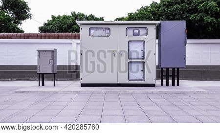 Standalone Electrical Switchboard For Small Business, Main Substation With Breaker And Power Button 