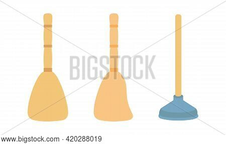 Flat Brooms And Plunger For Cleaning. Simple Straw Broom For Cleaning Dust And Dirt. Plunger For Sew