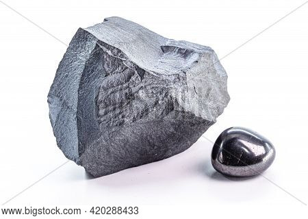 Hematite Stones, Polished Stone And Rough Stone, On Isolated White Background