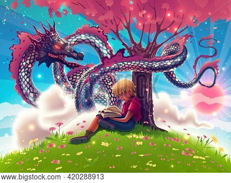 Fantasy Japanese Dragon With Young Boy Reading Interesting Book Under A Tree. Chinese Or Asian Flyin