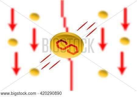 Matic Fall. Red Arrow Down With Gaussian Blur Effect Background. Matic Market Crash. Red Chart Down