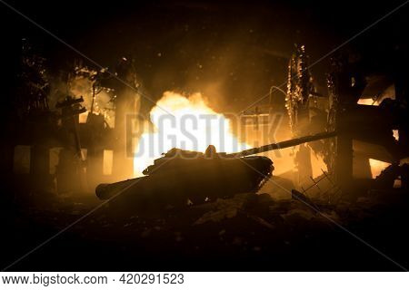 War Concept. Military Silhouettes Fighting Scene On War Fog Sky Background, World War Soldiers Silho