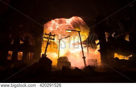 Nuclear War Concept. Explosion Of Nuclear Bomb. Creative Artwork Decoration In Dark.