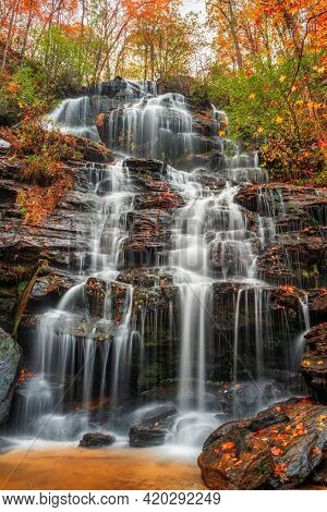 Issaqueena Falls during autumn season in Walhalla, South Carolina, USA.
