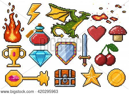 Pixel Game Elements. Games Ui Magic Items, Fire, Trophy, Coin, Dragon And Poison Vector Illustration