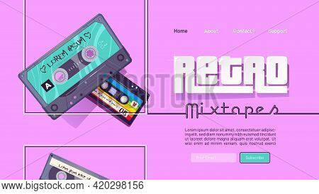 Retro Mixtape Banner With Vintage Audio Cassettes With Pop And Rock Music Of 80s And 90s. Vector Lan