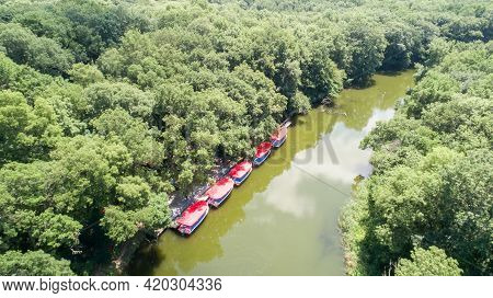 Aerial View Of Boats For Trip On The River. Ropotamo River, Bulgaria.